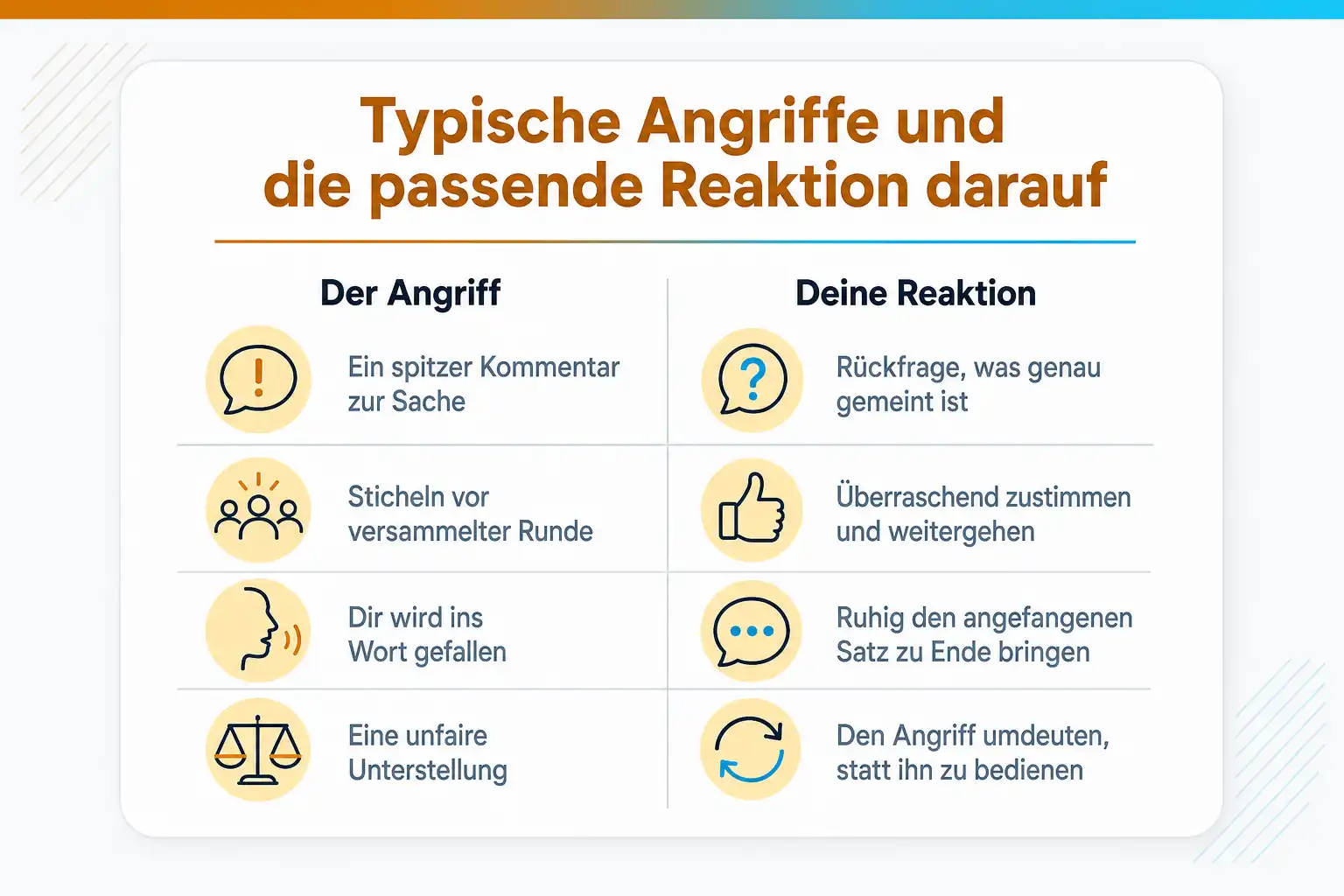 Grafik: Typische Angriffe und die passende Reaktion darauf: auf einen spitzen Kommentar zur Sache mit einer Rückfrage, auf Sticheln vor versammelter Runde mit überraschender Zustimmung, auf Unterbrechen mit dem ruhig zu Ende gebrachten Satz, auf eine unfaire Unterstellung mit Umdeuten