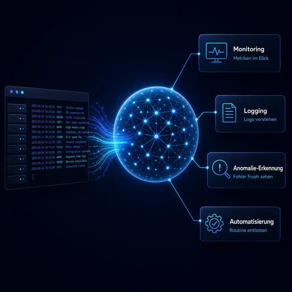 KI im IT-Betrieb: Server-Logs fließen in ein zentrales KI-Modell, das Monitoring, Logging, Anomalie-Erkennung und Automatisierung verbindet