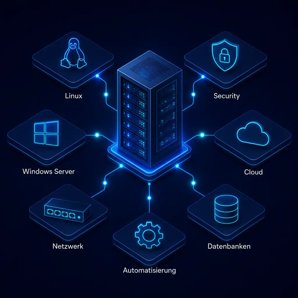 Administration-Themen bei cmt: Server-Rack verbunden mit Linux, Security, Cloud, Windows Server, Netzwerk, Datenbanken und Automatisierung