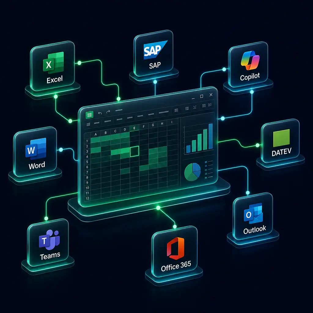 Anwendersoftware bei cmt: Excel, Word, Outlook, Teams, SAP, DATEV und Copilot, verbunden zu einer zentralen Anwendung