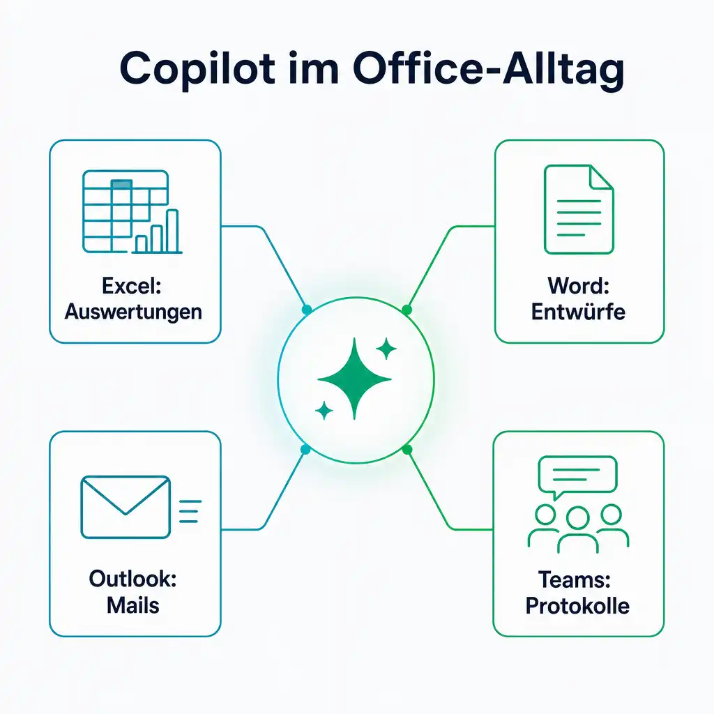 Copilot im Office-Alltag: Auswertungen in Excel, Entwürfe in Word, Mails in Outlook und Protokolle in Teams, verbunden über ein zentrales KI-Modell