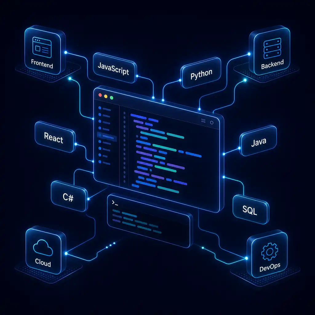 Entwicklungs-Themen bei cmt: Code-Editor mit Frameworks wie JavaScript, Python, Java, React, C# und SQL sowie Frontend, Backend, Cloud und DevOps