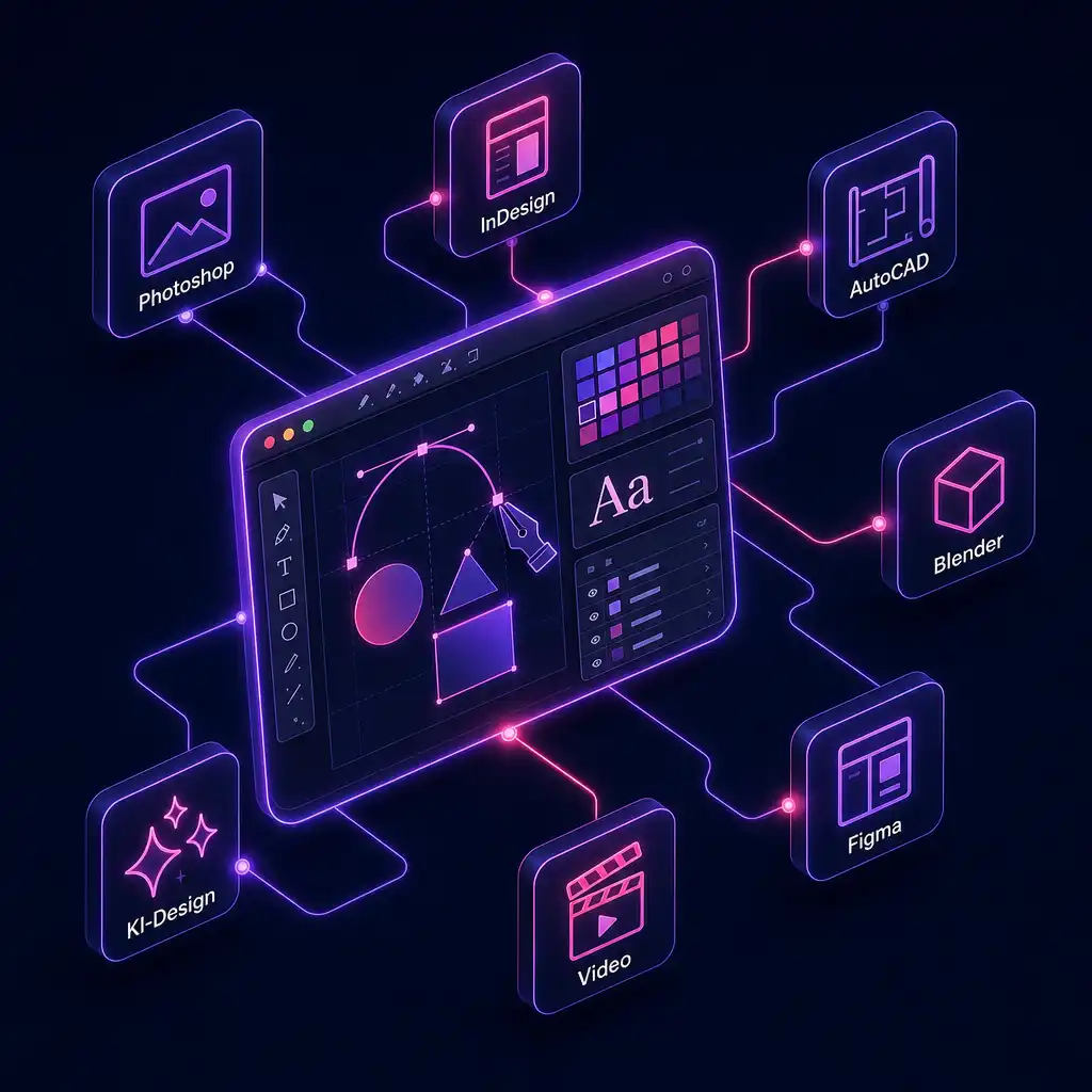 Kreativ-Themen bei cmt: Design-Canvas mit Werkzeugen wie Photoshop, InDesign, AutoCAD, Blender, Figma, Video und KI-Design