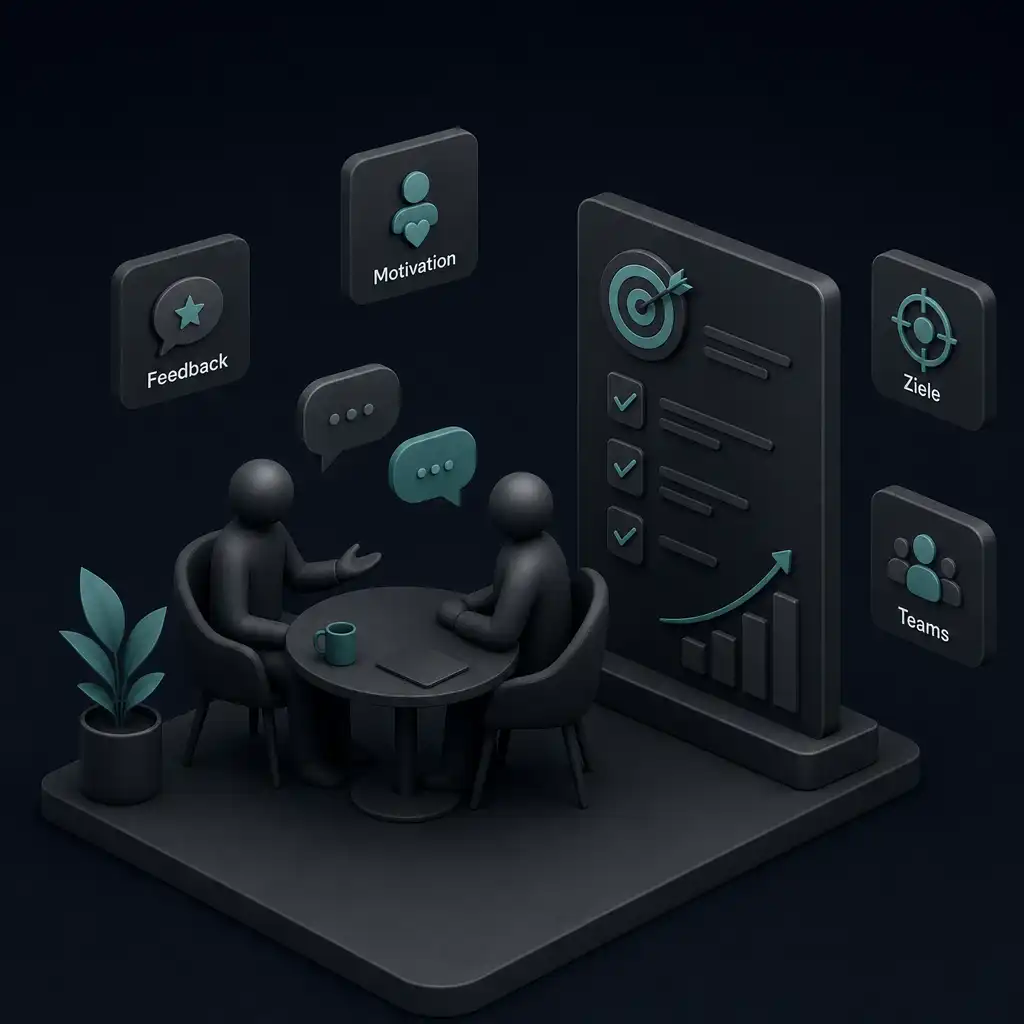 Illustration: Mitarbeitergespräch am runden Tisch mit Symbolen für Feedback, Motivation und Ziele