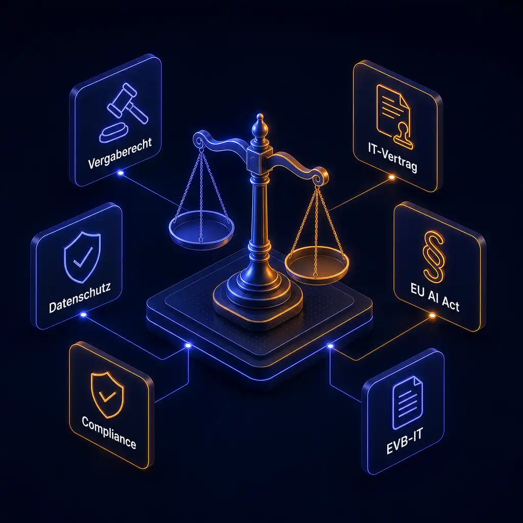 Recht-Themen bei cmt: Waage der Justiz mit Chips wie Vergaberecht, IT-Vertrag, Datenschutz, EU AI Act, Compliance und EVB-IT
