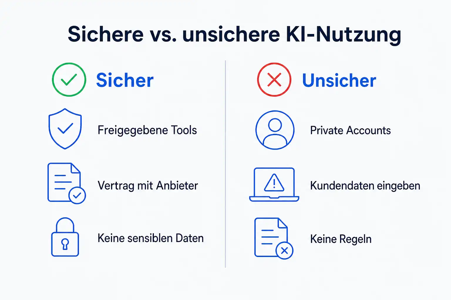 Infografik: sichere gegenüber unsicherer KI-Nutzung, mit freigegebenen Tools und Verträgen auf der sicheren, privaten Accounts und Kundendaten auf der unsicheren Seite