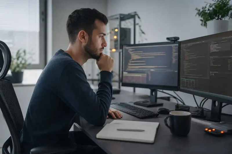 Quereinsteiger lernt Linux am Schreibtisch mit Terminal auf zwei Monitoren