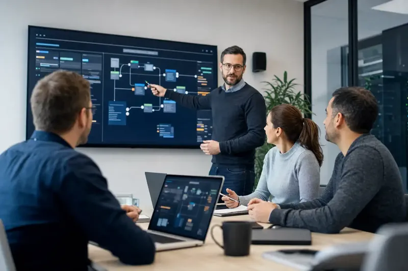 IT-Entscheider besprechen eine Infrastruktur-Roadmap im Besprechungsraum