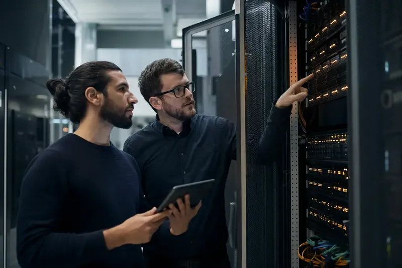 Zwei Administratoren planen im Serverraum eine Migration
