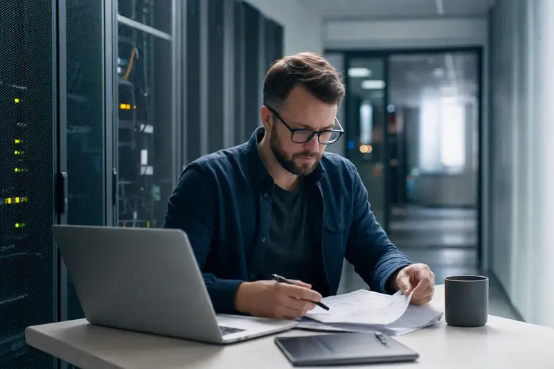 IT-Fachkraft bereitet sich mit Laptop und Notizen auf eine Zertifizierungsprüfung vor