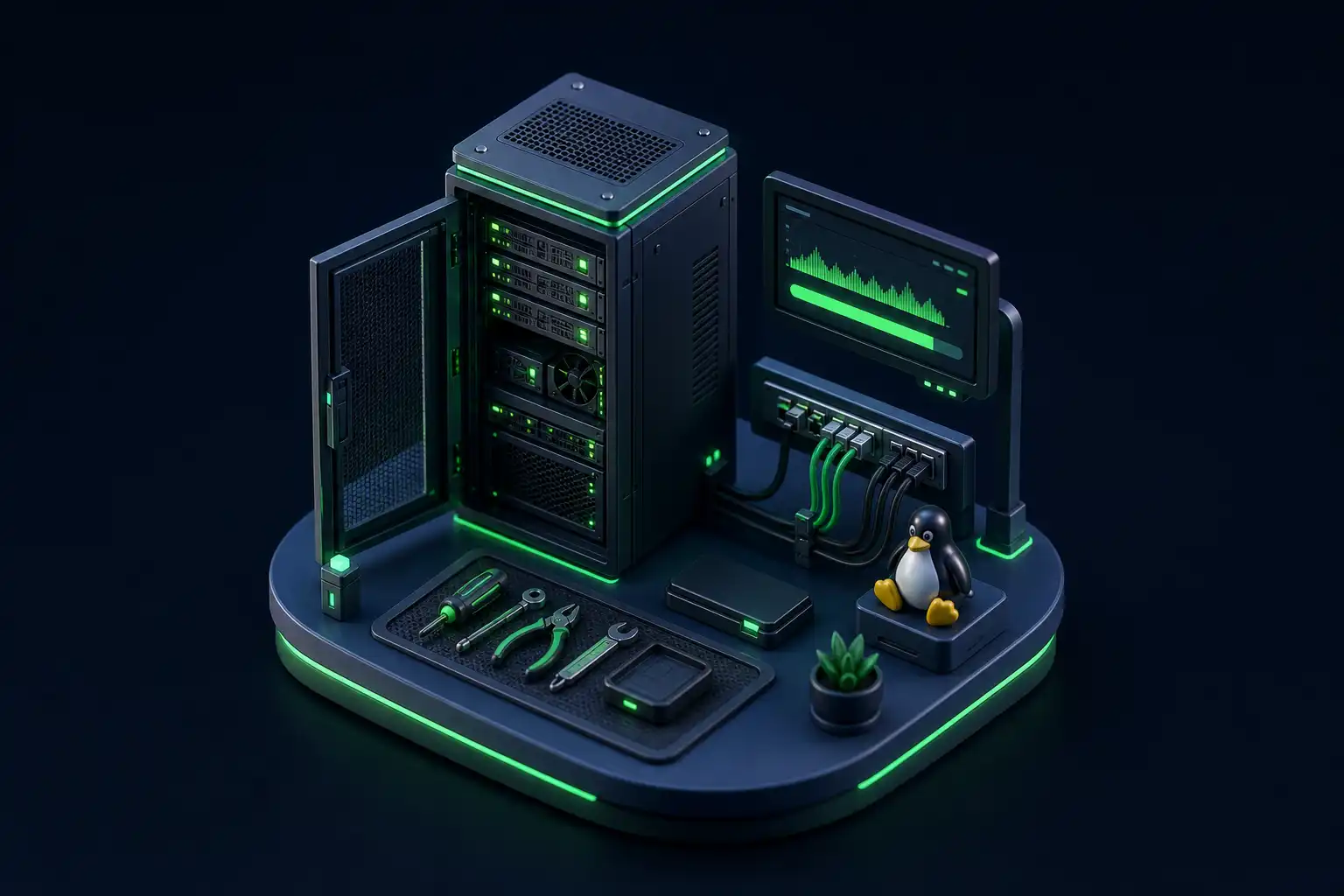 Miniatur-Szene: geöffneter Serverschrank mit Werkzeug, Patchpanel und grünem Uptime-Balken