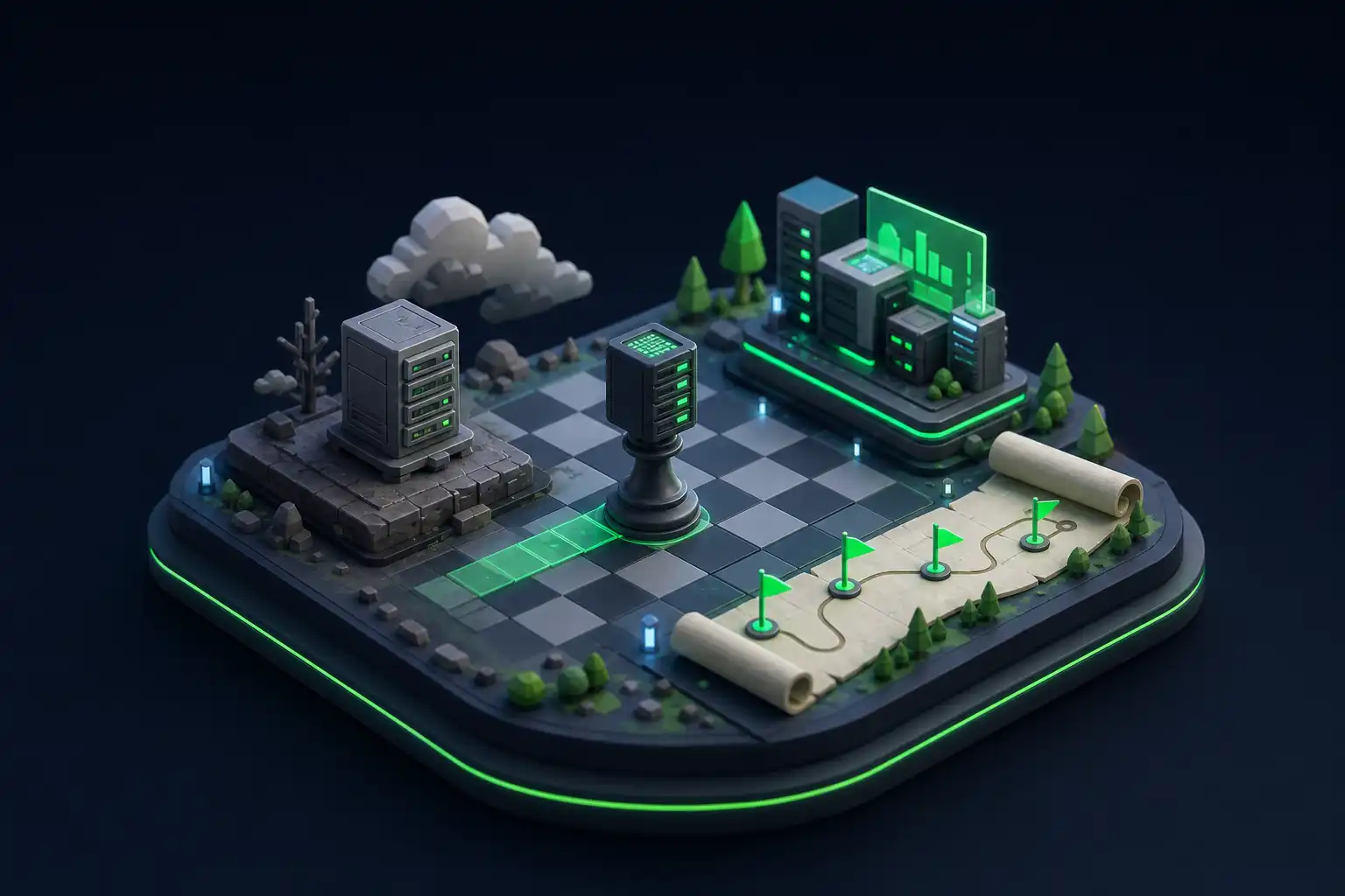 Miniatur-Szene: Spielbrett, auf dem eine Server-Figur von einer alten auf eine neue Plattform zieht, daneben eine Roadmap