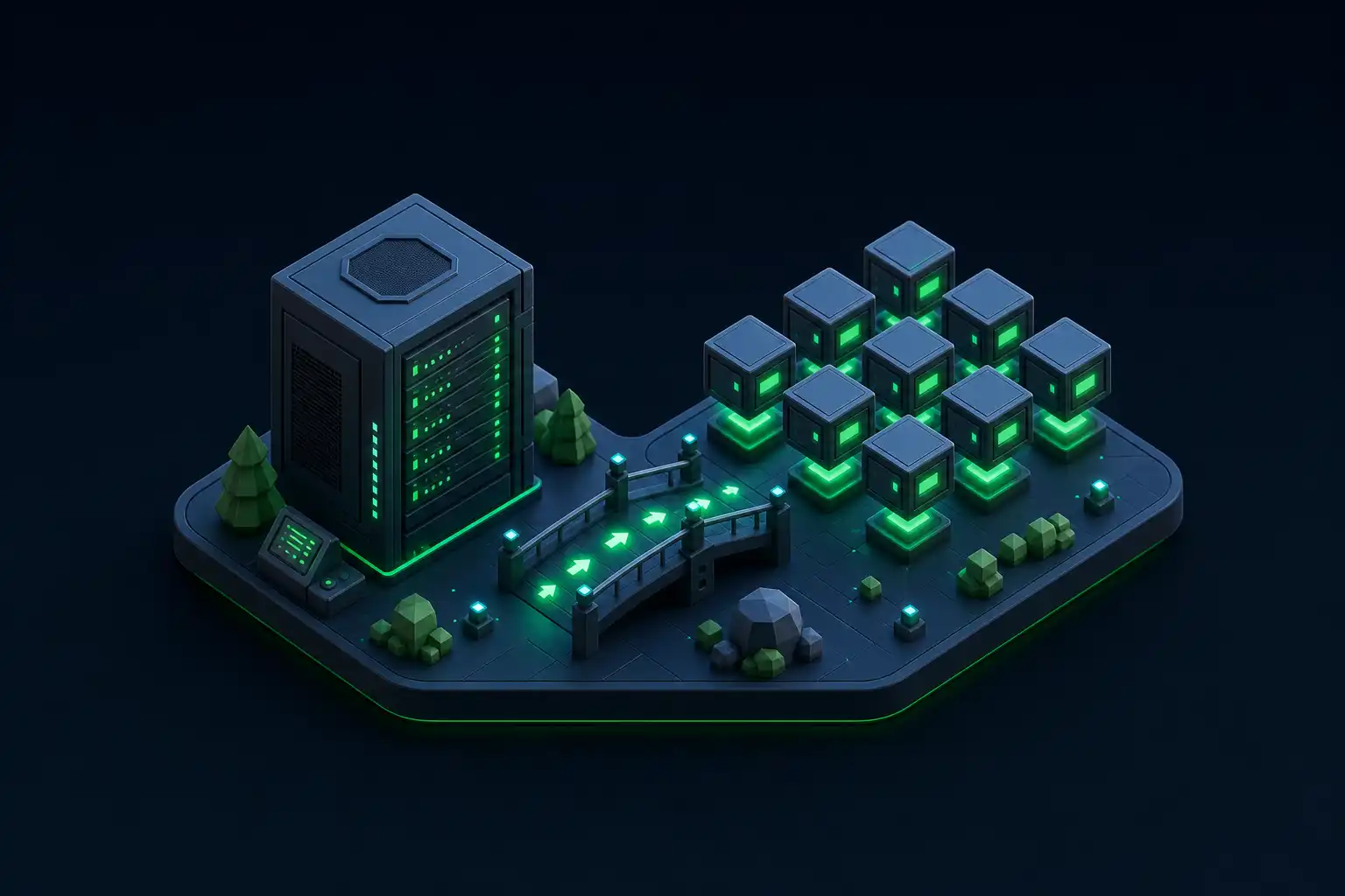 Miniatur-Szene: ein physischer Server links, virtuelle Maschinen als schwebende Würfel rechts, dazwischen eine Brücke