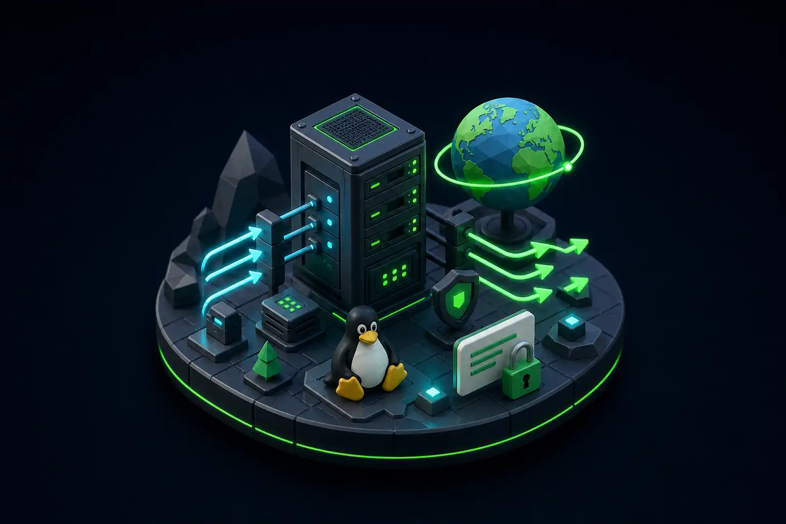 Miniatur-Szene: Webserver-Turm mit umkreisendem Globus, ein- und ausgehende Anfragepfeile, Zertifikatskarte