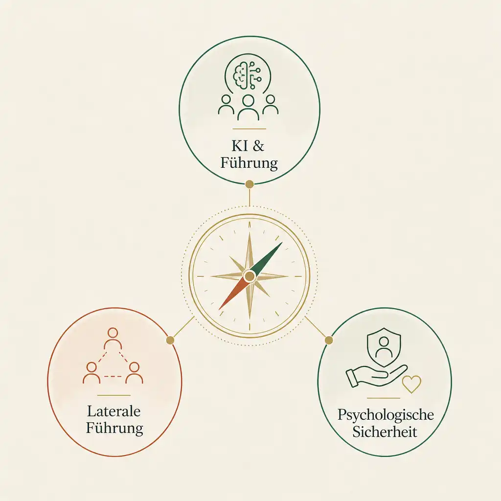Themen-Kompass: KI und Führung, Laterale Führung und Psychologische Sicherheit rund um eine Kompassrose