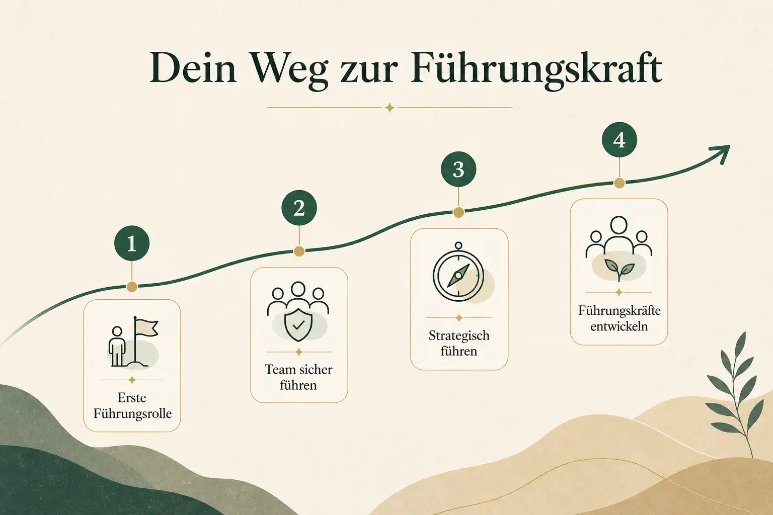 Lernpfad Dein Weg zur Führungskraft in vier Stationen: Erste Führungsrolle, Team sicher führen, Strategisch führen, Führungskräfte entwickeln